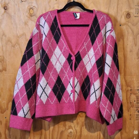 Divided H&M Cardigan Women's Size XXL Argyle V-Neck Cropped Maximalist Academia - Picture 1 of 6